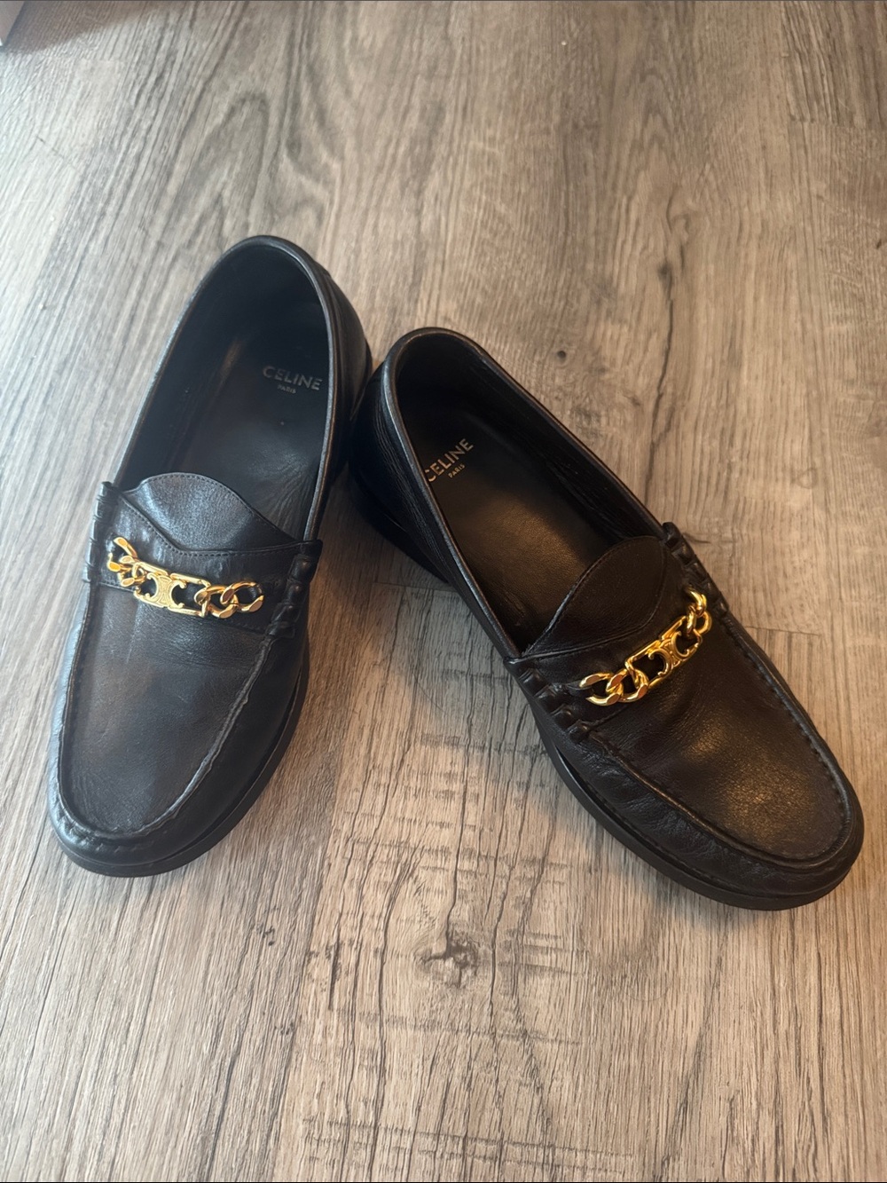 Celine Black Leather Loafers with Gold Chain Accent